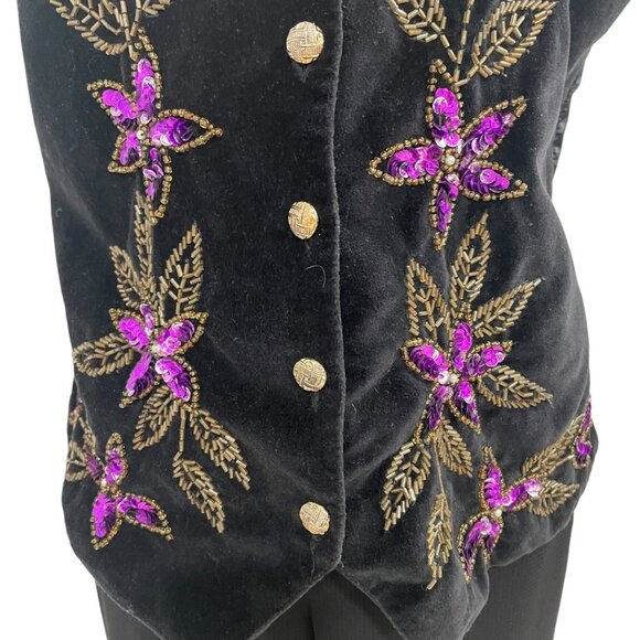 Vintage Jane Ashley Black Velvet Floral Sequin Vest L Boho Chic Festival Holiday - Picture 10 of 12